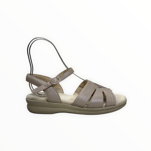 SAS Tan Leather Open Toed Adjustable Buckle Strap Cushioned Woven Detail Sandals - Picture 1 of 11